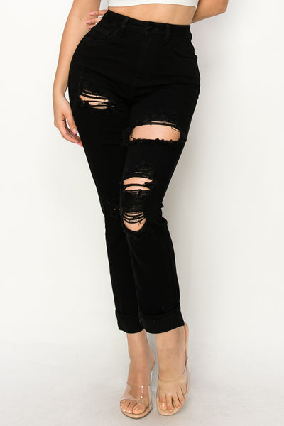 Anastasia - High Rise Destructed Black Mom Jeans