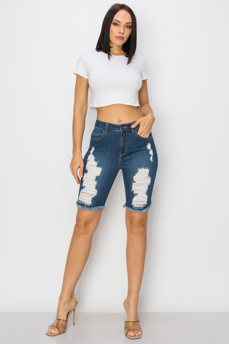 Noelle - High Rise Front & Rear Destructed Bermuda