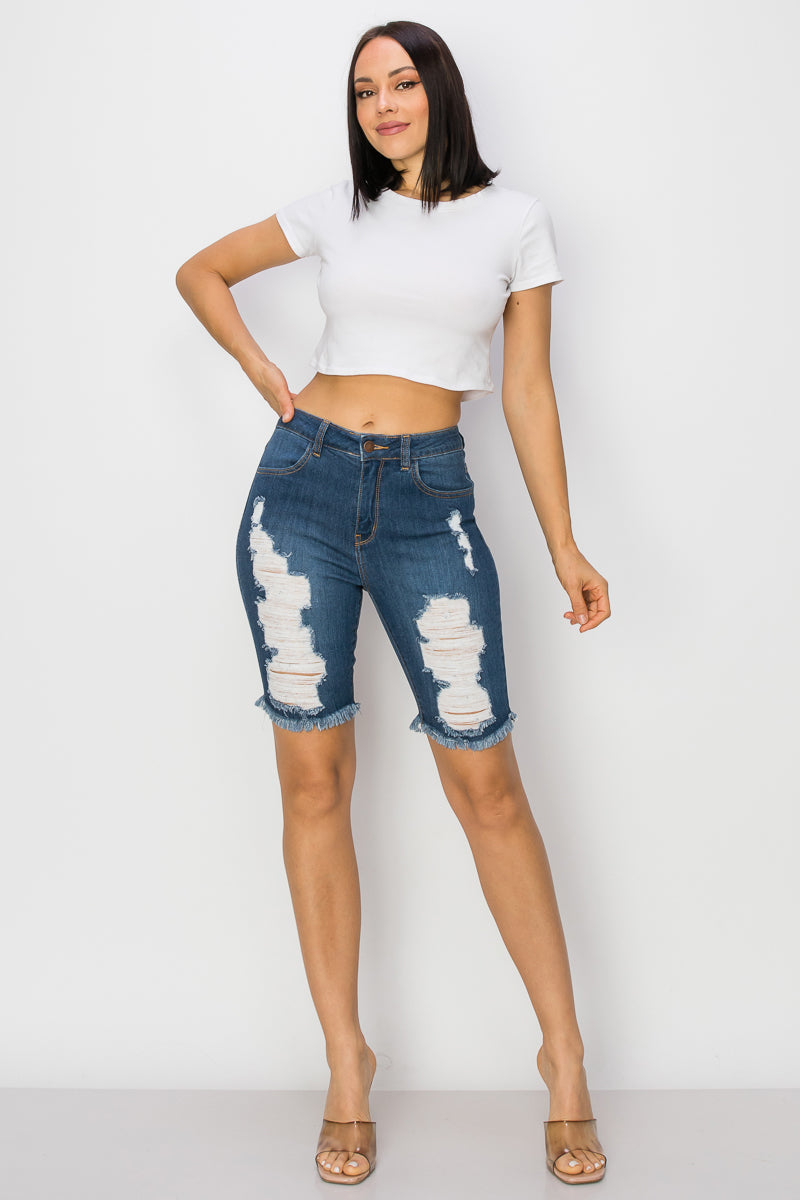 Noelle - High Rise Front & Rear Destructed Bermuda